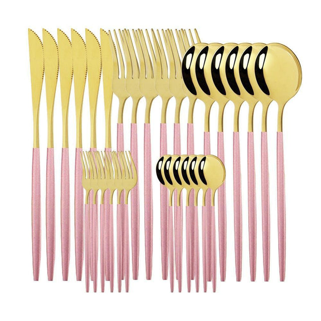 30-Piece Elegant Gold Trimmed White Stainless Steel Flatware Set - Luxury Dining Collection