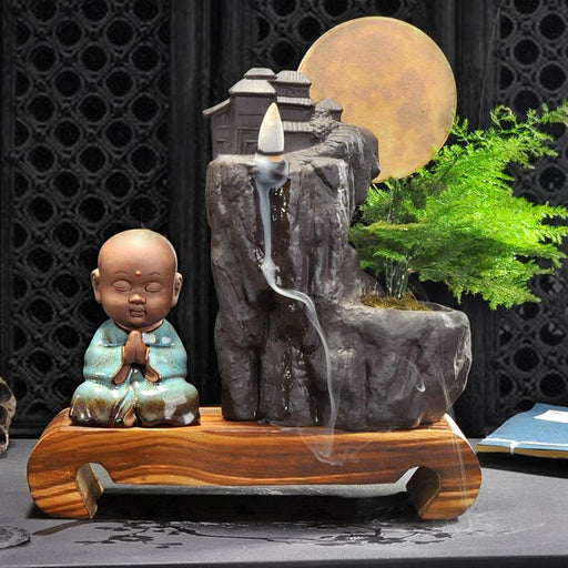 Ceramic Smoke Waterfall Incense Burner with LED Light and Pine Decor Accent