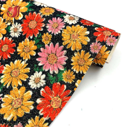 Elegant Daisy Floral Glitter Faux Leather Fabric for DIY Crafts