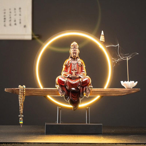 Bodhisattva Statue Backflow Incense Burner Holder With 20 Pc Cones Chinese Style Ceramic Zen LED Lighting Decoration - Très Elite