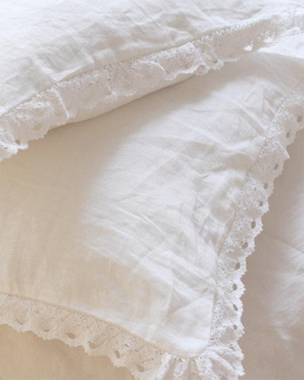 Elegant Ruffled Eyelet Embroidered Linen Pillowcase - Premium French Bedding for a Luxurious Touch