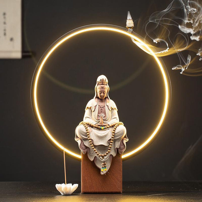 Zen Guanyin Bodhisattva Ceramic Backflow Incense Burner Set with LED Lighting - 20 Cone Pack