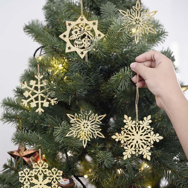 Wooden Snowflake Chip Ornaments - Cheerful Set of 10 for Holiday Celebrations