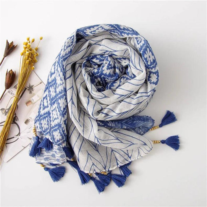 Blue and White Porcelain Print Cashmere Blend Shawl Wrap - Timeless Elegance for All Occasions