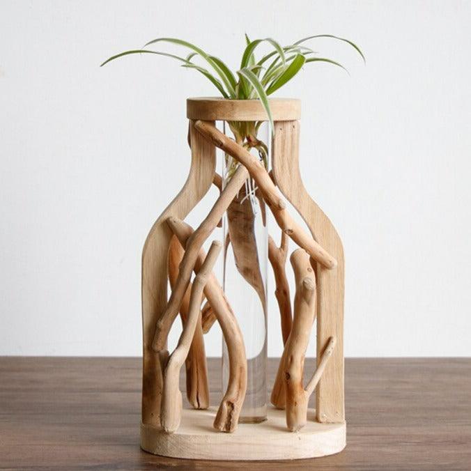 Handcrafted Wooden Vase with Elegant Floral Embellishments