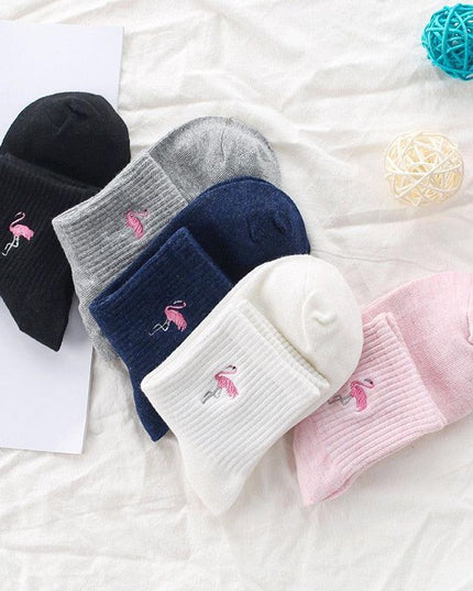 Kawaii Flamingo Delight: Adorable Japanese Embroidered Cotton Socks for Women