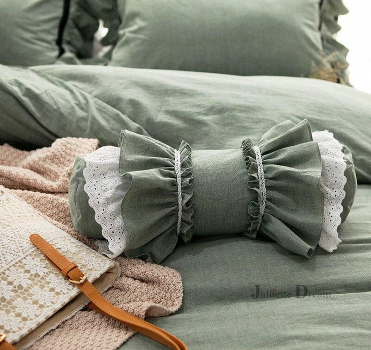 European Candy Style Decorative White Lumbar Pillow with Elegant Ruffle Lace