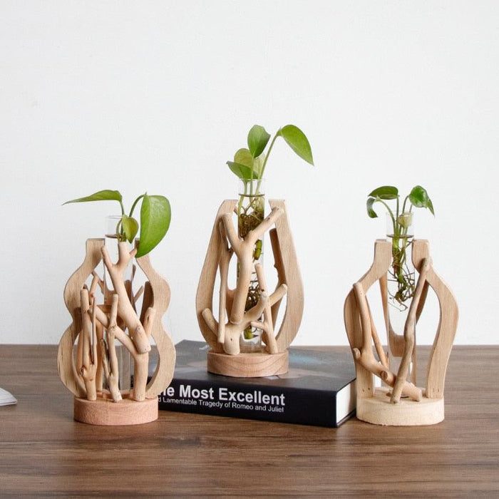 Rustic Wooden Vase adorned with Delicate Floral Details