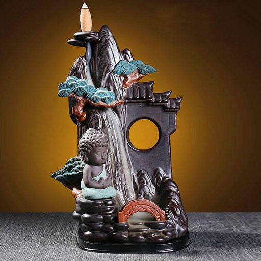 LED Ceramic Backflow Incense Burner with Smoke Waterfall, LED Light and Pine Ornament