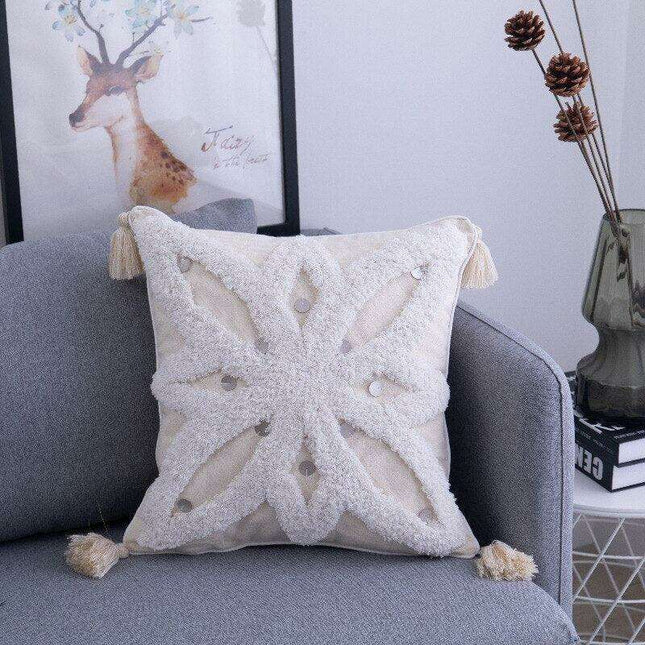 Beige Moroccan Diamond Textured Fringe Pillow Cover