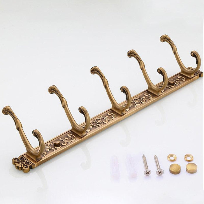 Elegant Antique Carved Wall-Mounted Coat Rack with 5 Zinc-Alloy Hooks