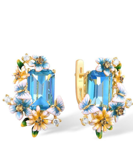 Mesmerizing Blue Stone Butterfly Earrings with Gold Accents - Sterling Silver Elegance