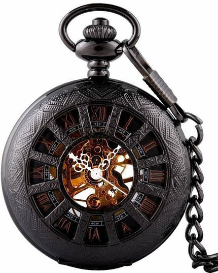 Vintage Black Skeleton Pocket Watch Necklace in Steampunk Style