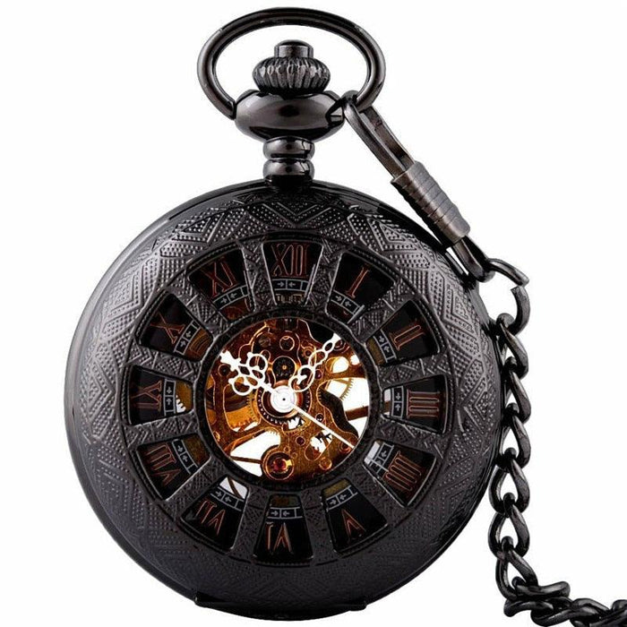 Vintage Black Pocket Watch Pendant Necklace with Mechanical Skeleton Steampunk Charm