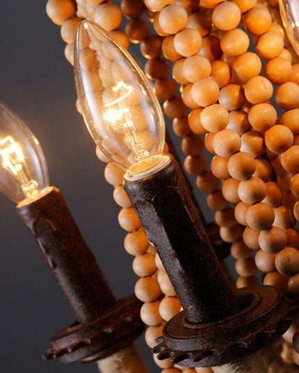 Vintage Bicycle Wheel 6-Light Chandelier with Wood Beads and Twine Accents