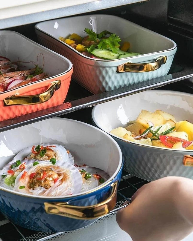 Colorful Ceramic Bakeware Set with Ergonomic Handles in Blue and Orange