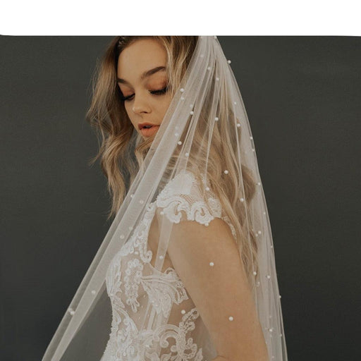 Ethereal Botanica Bridal Tulle Veil Set with Pearl Embellishments and Hair Accessory - Opulent Botanica Bridal Tulle Veil for Timeless Elegance