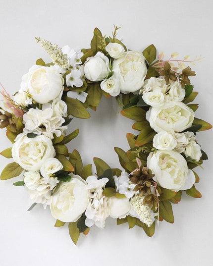 Elegant Peony Silk Flower Wreath with Rattan Accents - Perfect for Home Decor