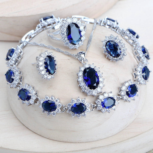 Silver 925 Women Bridal Jewelry Sets Blue Zirconia Costume Fine Jewellery Wedding Necklace Earrings Rings Bracelets Pendant Set-0-Très Elite-4PCS-Blue-6-Très Elite