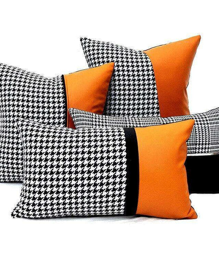 Elegant Black & White Grid Cushion Cover with Vibrant Orange Accent