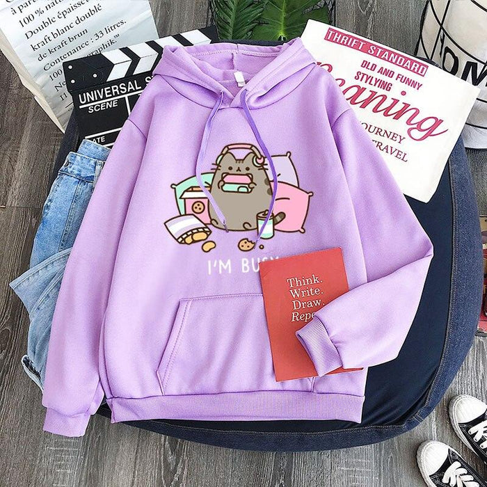 Cozy Cat Lover's Hooded Sweater - Stylish Fleece Pullover for Spring/Autumn