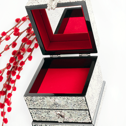 Crane Serenity: Dual-Layer Mother of Pearl Jewelry Organizer with Mirror