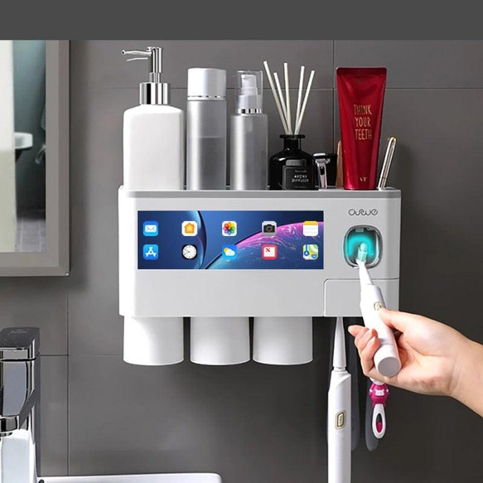 Toothbrush Holder and Toothpaste Dispenser with Storage Rack