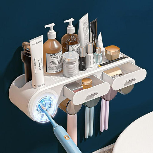 Efficient Bathroom Organizer with Toothbrush Storage and Automatic Toothpaste Squeezer - White/Black Options Available