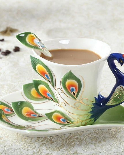 Exquisite 3D Peacock Design Handcrafted Ceramic Tea Mug Set - 200ml Drinkware Collection