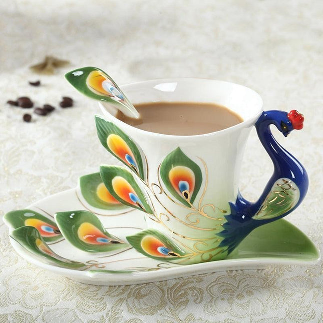 Exquisite 3D Peacock Design Handcrafted Ceramic Tea Mug Set - 200ml Drinkware Collection
