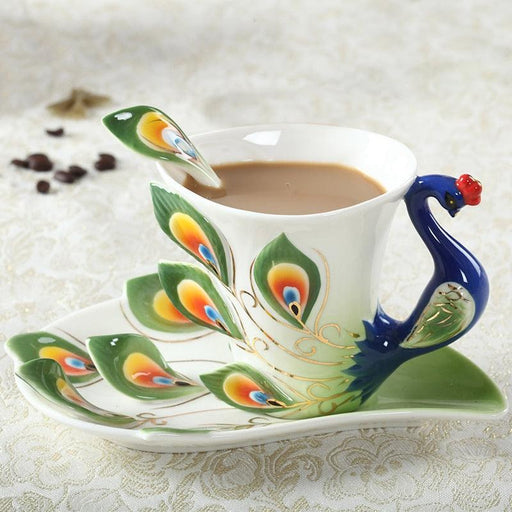 Peacock 3D Ceramic Tea Cup Set with Saucer Spoon - Elegant 200ml Drinkware Experience