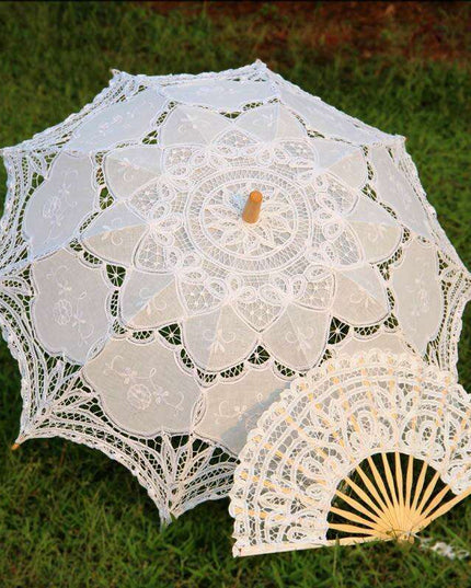 Victorian Elegance Lace Parasol and Fan Ensemble: Handcrafted Timeless Beauty