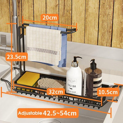 Adjustable Stainless Steel Sink Rack with Integrated Towel Holder - Perfect for Kitchen and Bathroom Organization