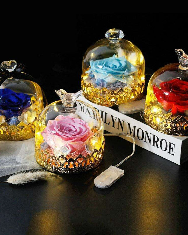 Timeless Elegance: Illuminated Red Roses in Glass Dome