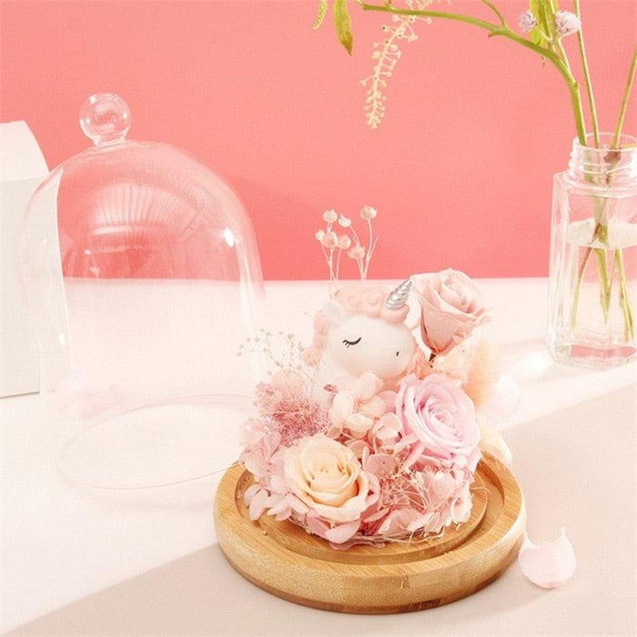 Exclusive Unicorn Preserved Flower Rose in Glass Dome with Lights - Eternal Real Rose