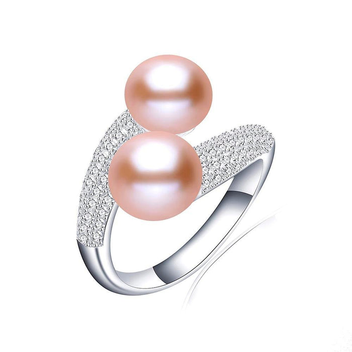 Elegant Double Pearl and Zircon Sterling Silver Ring - Luxurious Elegance