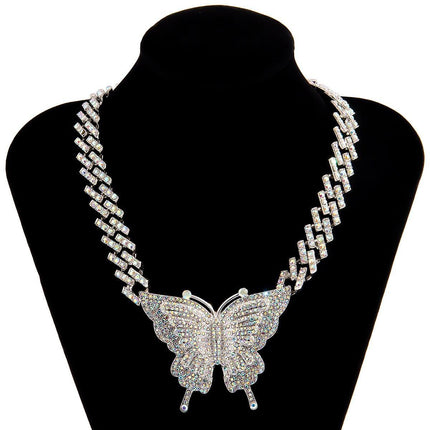 Glamorous Rhinestone Butterfly Necklace Set with Trendy Cuban Chain for Women