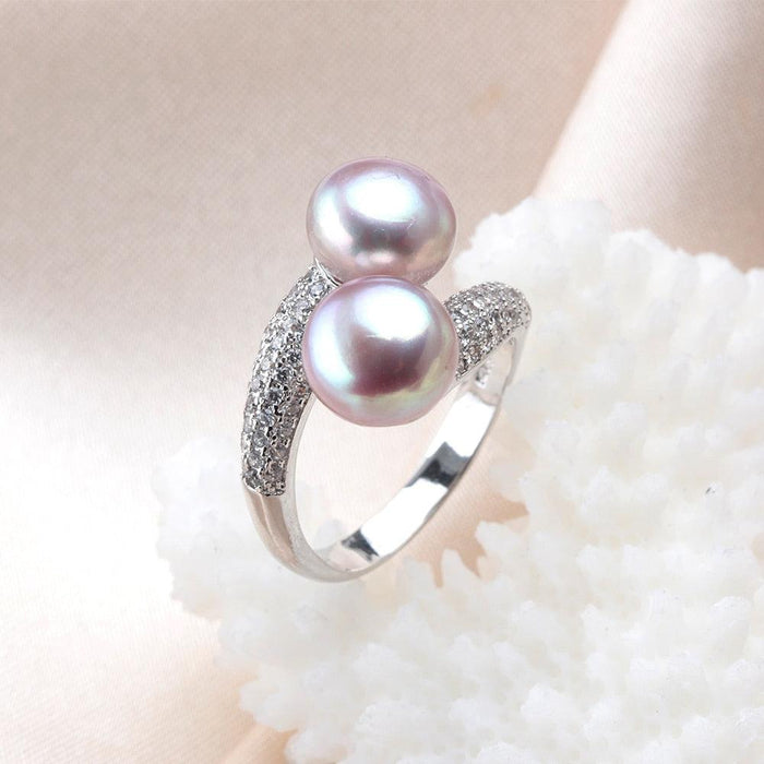 Elegant Double Pearl and Zircon Sterling Silver Ring - Luxurious Elegance