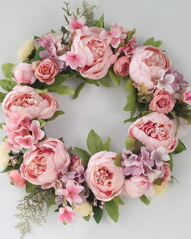 Elegant Peony Silk Flower Wreath with Rattan Accents - Perfect for Home Decor