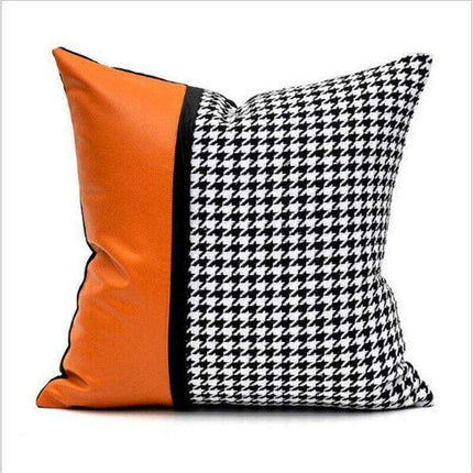 Elegant Black & White Grid Cushion Cover with Vibrant Orange Accent