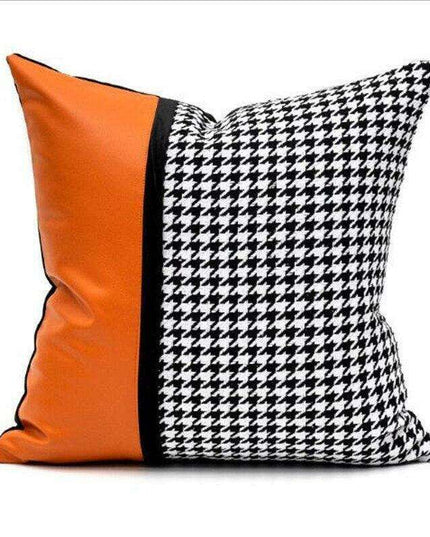 Elegant Black & White Grid Cushion Cover with Vibrant Orange Accent