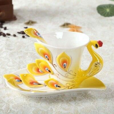 Peacock 3D Handmade Ceramic Tea Cups with Saucer Spoon - Exquisite 200ml Capacity Drinkware