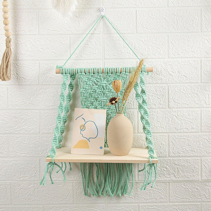 Bohemian Macrame Wall Shelf with Tassel Accents - Handcrafted Storage Solution for Chic Home Décor