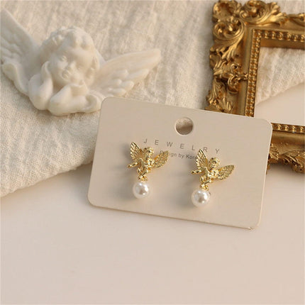 Delightful Gold Cupid Angel Stud Earrings - Elegant Women's Accessory