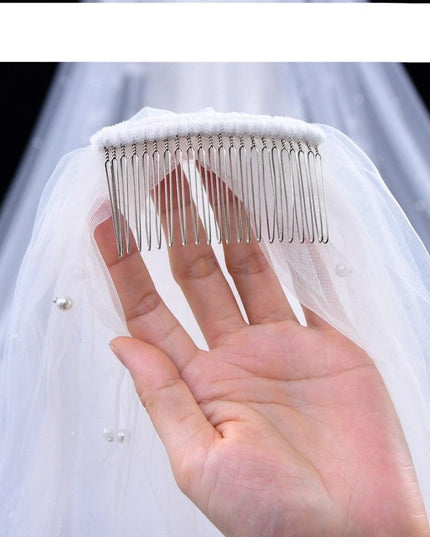 Opulent Pearl-Accented Cathedral Bridal Veil Set - A Statement of Luxury and Elegance