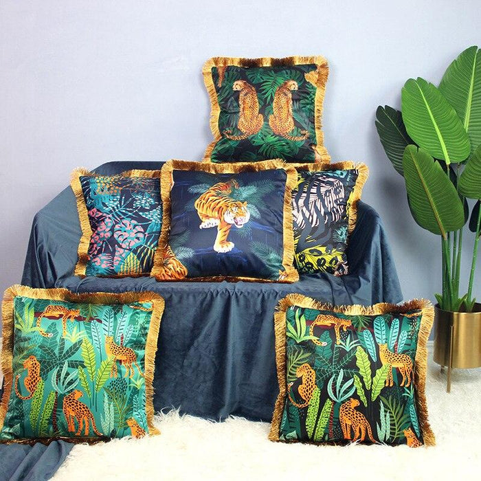 Exotic Jungle Botanical Cushion Covers with Golden Tassels & Wild Animal Prints