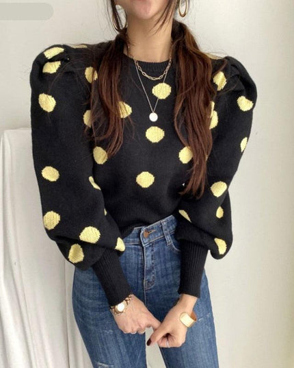 Chic Korean Sweater with Playful Polka Dot Puff Sleeves - Cozy Elegance Redefined
