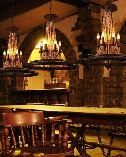 Vintage Bicycle Wheel 6-Light Chandelier with Wood Beads and Twine Accents