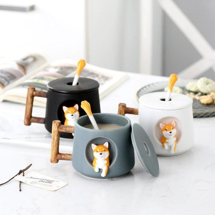 Sophisticated Shiba Inu Akita Dog Ceramic Mug and Spoon Set - 420ml Capacity for Stylish Sips