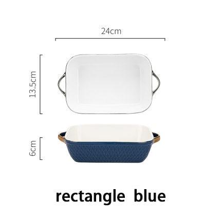 Blue and Orange Ceramic Baking Tray with Unique Handle Design